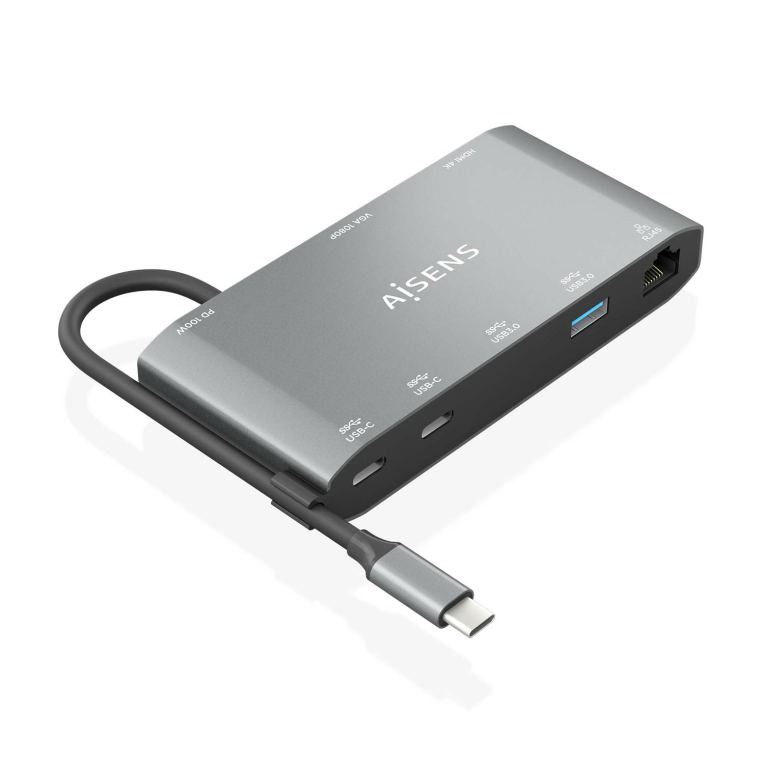 AISENS ASUC-8P010-GR Base para Portátil con Replicador de Puertos USB 3.2 Gen 1 Type-C