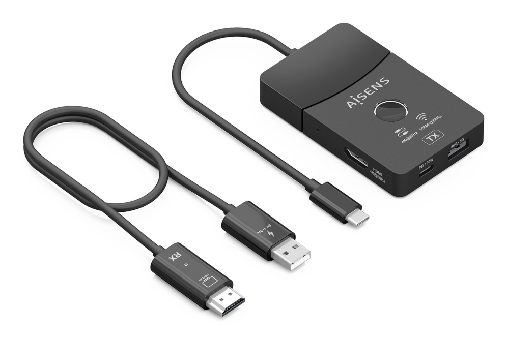 AISENS Docking USB-C a HDMI 1080P@60Hz (Inalámbrico) 30M, 1xHDMI 4K60HZ (Cable) 2xUSB-C 1xUSB-A 1xUSB-C PD 100W, Negro
