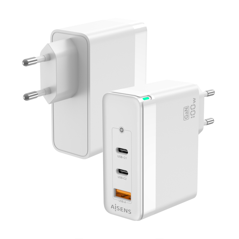 AISENS Cargador Gan 100W Blanco con 2xUSB-C PD3.0 y 1xUSB-A QC3.0