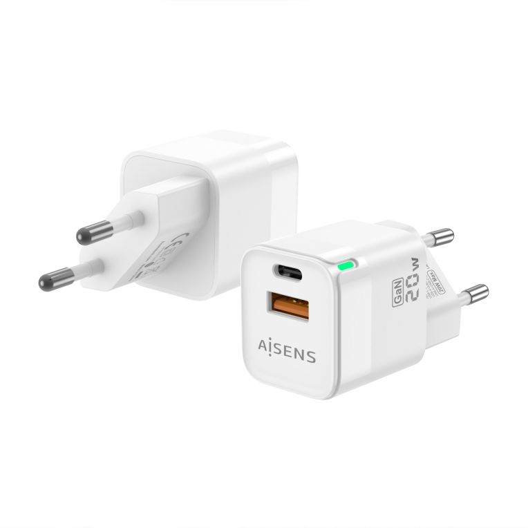 AISENS Cargador Gan 20W con USB-C PD3.0 y USB-A QC3.0 Blanco - Carga Rápida y Eficiente