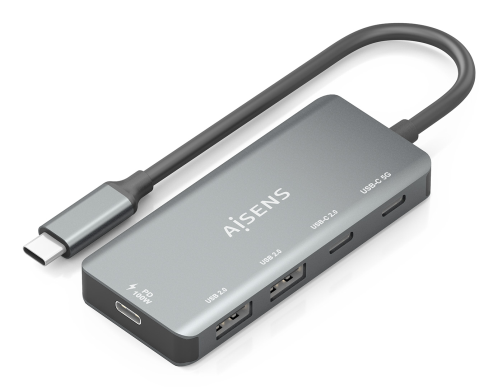AISENS Hub USB 3.1 USB-C 100W PD con 2x USB-C y 2x USB-A, Gris 15cm