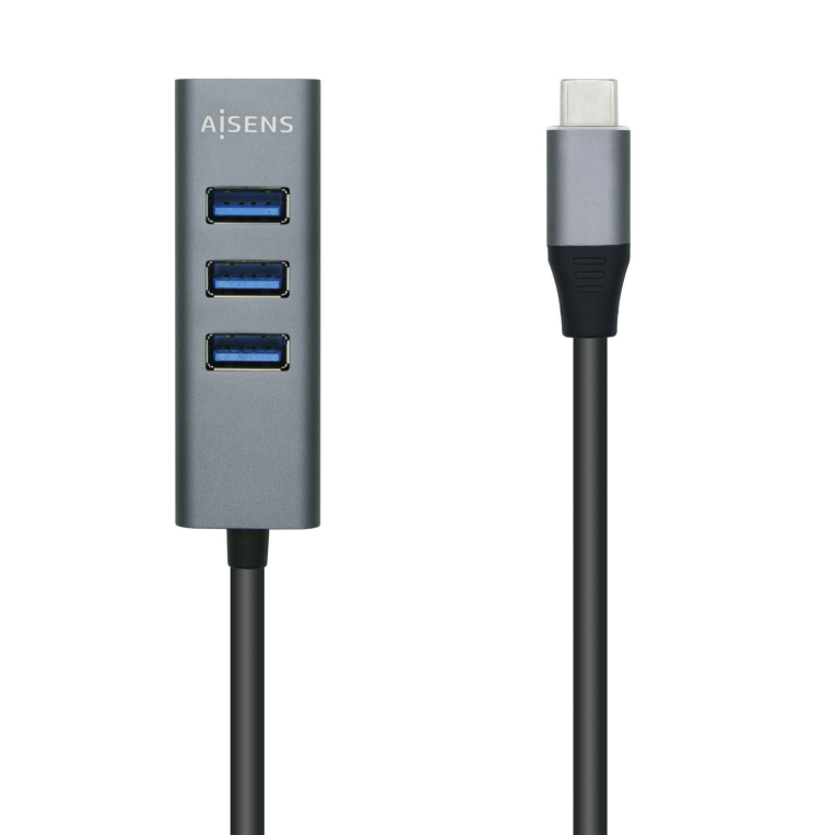 AISENS Hub USB 3.1 USB-C, 4 Puertos USB Tipo A, Gris Compacto 10 cm
