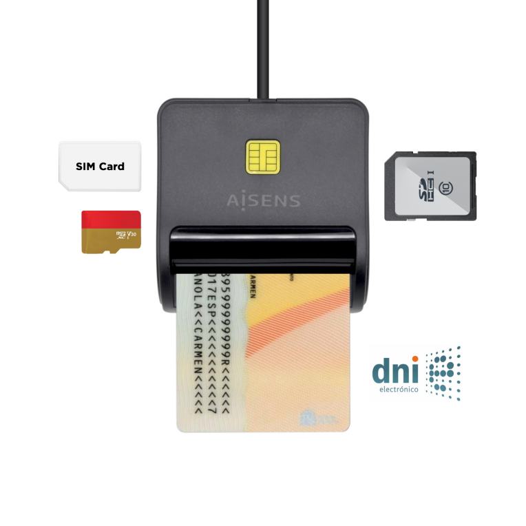 AISENS Lector de Tarjeta Inteligente DNI y Multiformato SIM, SD, MicroSD, MMC - Negro