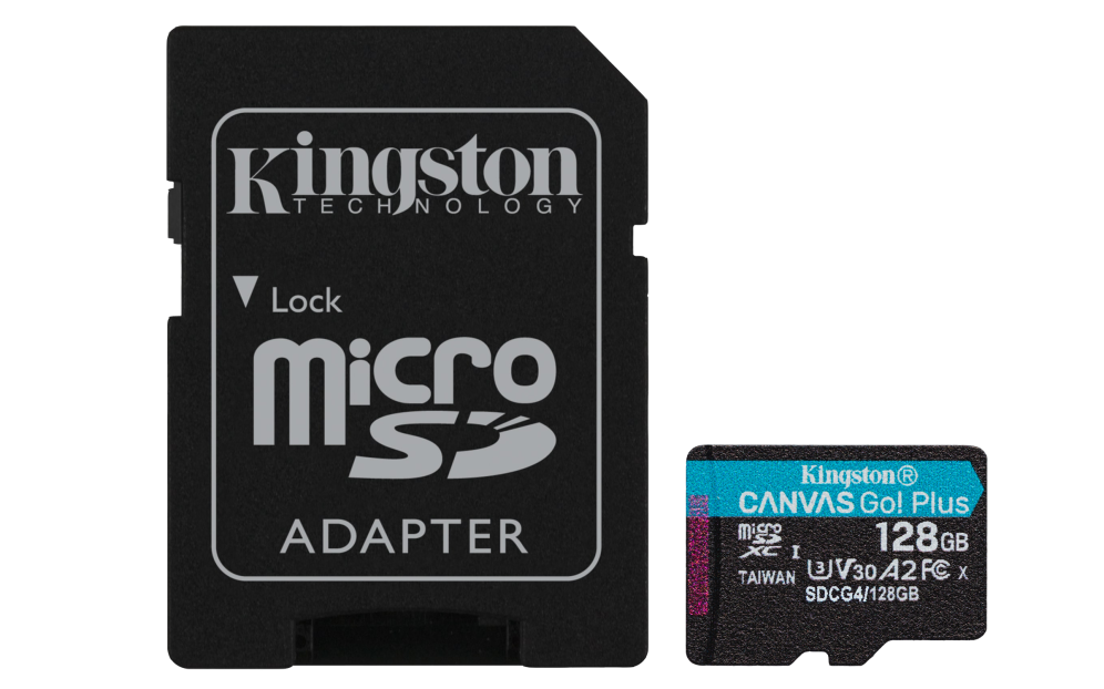 Kingston Technology Tarjeta microSDXC Canvas Go Plus Gen4 de 128 GB, 200 MB/s, A2 U3 V30 y adaptador