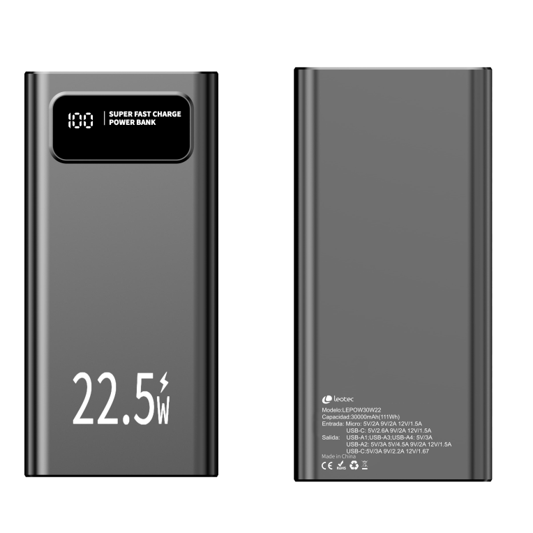 Leotec LEPOW30W22K batería externa Polímero de litio 30000 mAh Negro