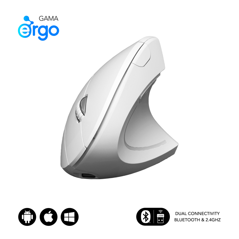 SUBBLIM RATON OPTICO DUAL GLIDE VERTICAL ERGO DUAL BATERIA BLANCO ratón Universal mano derecha Bluetooth + USB Type-A Óptico 1600 DPI