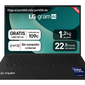 LG Gram 16ZD90T-G.AX88B ordenador portatil Intel Core Ultra 7 255H Portátil 40,6 cm (16") WQXGA 32 GB LPDDR5x-SDRAM 1 TB SSD Wi-Fi 7 (802.11be) FreeDOS Español Negro