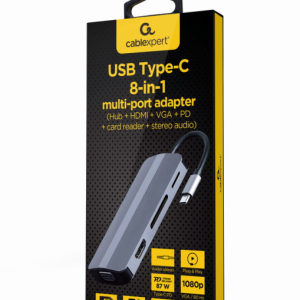 Adaptador USB Tipo C 8 en 1 Gembird – Hub con HDMI, PD, Lector SD y LAN