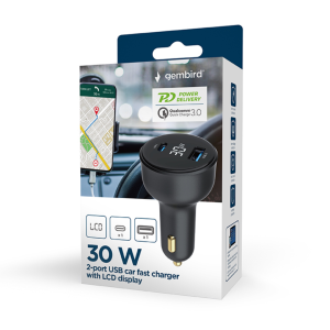 Gembird TA-UC-AC2PD30LCD-CAR-01 cargador de dispositivo móvil Universal Negro Encendedor de cigarrillos Carga rápida Auto