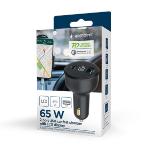 Gembird TA-UC-AC2PD65LCD-CAR-01 cargador de dispositivo móvil Universal Negro Encendedor de cigarrillos Carga rápida Auto