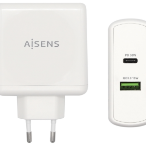 AISENS Cargador 48W con USB-C PD3.0 30W y USB-A QC3.0 18W en Blanco