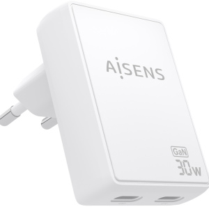 AISENS Cargador de Pared GaN 30W Ultra Delgado con 2xUSB-C PD3.0 QC4.0 Blanco