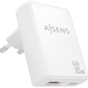 AISENS Cargador de Pared GaN 30W Ultra Delgado USB-C PD3.0 y USB-A QC3.0 Blanco