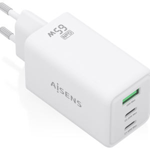 AISENS Cargador GaN 65W con 2xUSB-C PD3.0 y 1xUSB-A QC3.0 Blanco