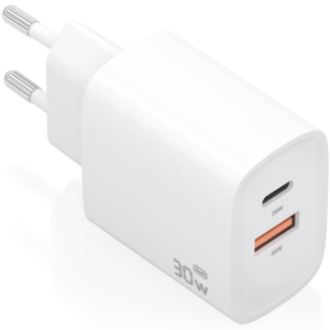 AISENS Cargador GaN 30W con USB-C PD3.0 y USB-A QC3.0, Blanco