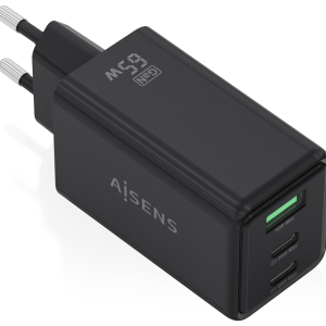 AISENS Cargador GaN 65W con 2 USB-C PD3.0 y USB-A QC3.0 Negro