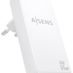 AISENS Cargador GaN Ultra Delgado 65W con USB-C PD3.0 y USB-A QC3.0 Blanco