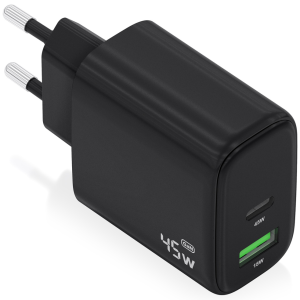 AISENS Cargador GaN 45W con USB-C PD3.0 y USB-A QC3.0 - Negro