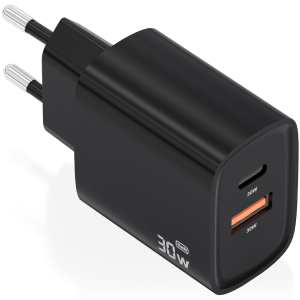 AISENS Cargador GaN 30W USB-C PD3.0 y USB-A QC3.0 Negro - Carga Rápida y Compacta