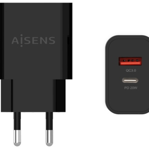 AISENS Cargador Rápido 20W USB-C PD3.0 y USB-A QC3.0 Negro