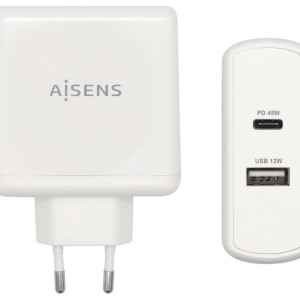 AISENS Cargador USB-C PD 57W y USB-A 12W Blanco – Carga Rápida y Versátil