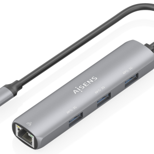 AISENS Dock USB-C a Ethernet Gigabit y Hub 3xUSB-A, Gris, 15cm
