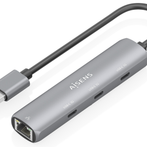 AISENS Dock USB3.0 con USB-A y Hub 3xUSB-C + Ethernet Gigabit, Gris 15cm