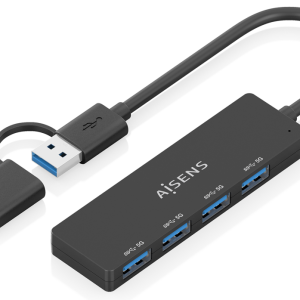 AISENS Hub USB 3.1 Negro con USB-C y USB-A, 4 Puertos Tipo A, 15cm