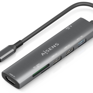 AISENS USB-C Dock 7 en 1 con HDMI, USB-A, USB-C PD 100W y lector SD/MicroSD - Gris