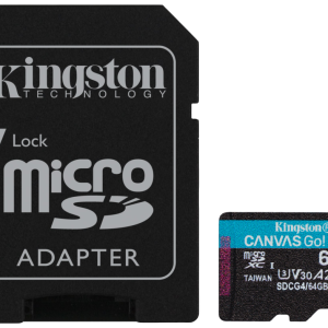 Kingston Technology Tarjeta microSDXC Canvas Go Plus Gen4 64 GB, 200 MB/s, A2 U3 V30 con adaptador