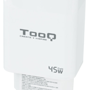 TooQ Cargador de Pared GaN 45W USB-C PD + USB-A QC Blanco