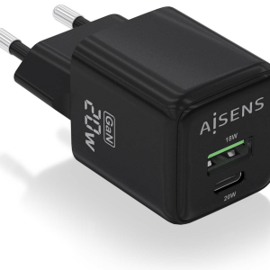 AISENS Cargador Universal de Dispositivo Móvil ASCH-20W2P011-BK con Carga Rápida y Corriente Alterna para Uso en Interior