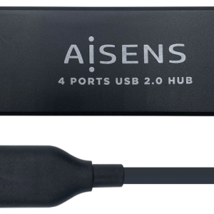 AISENS Hub USB 2.0 con 4 Puertos Tipo A, Cable 30 cm, Negro