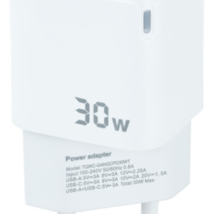 TooQ Cargador de Pared GaN USB-C PD + USB-A QC 30W Blanco Compacto y Rápido